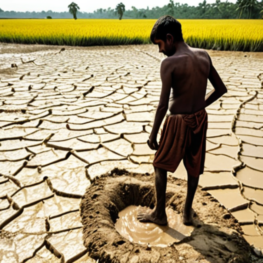 **Prompt:** A visually striking depiction of climate change's devastating impact on agriculture in rural Bangladesh. On one side, a parched, cracked rice field with withered, yellowed crops under a scorching sun. On the other side, the same field submerged in floodwaters, crops ruined. A weary Bengali farmer, looking disheartened and helpless, stands amidst the devastation, symbolizing the loss of livelihood and nature as an "unfamiliar enemy." The atmosphere is melancholic and urgent, highlighting the dual pressure of drought and flood.