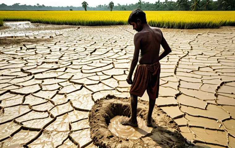 **Prompt:** A visually striking depiction of climate change's devastating impact on agriculture in rural Bangladesh. On one side, a parched, cracked rice field with withered, yellowed crops under a scorching sun. On the other side, the same field submerged in floodwaters, crops ruined. A weary Bengali farmer, looking disheartened and helpless, stands amidst the devastation, symbolizing the loss of livelihood and nature as an "unfamiliar enemy." The atmosphere is melancholic and urgent, highlighting the dual pressure of drought and flood.