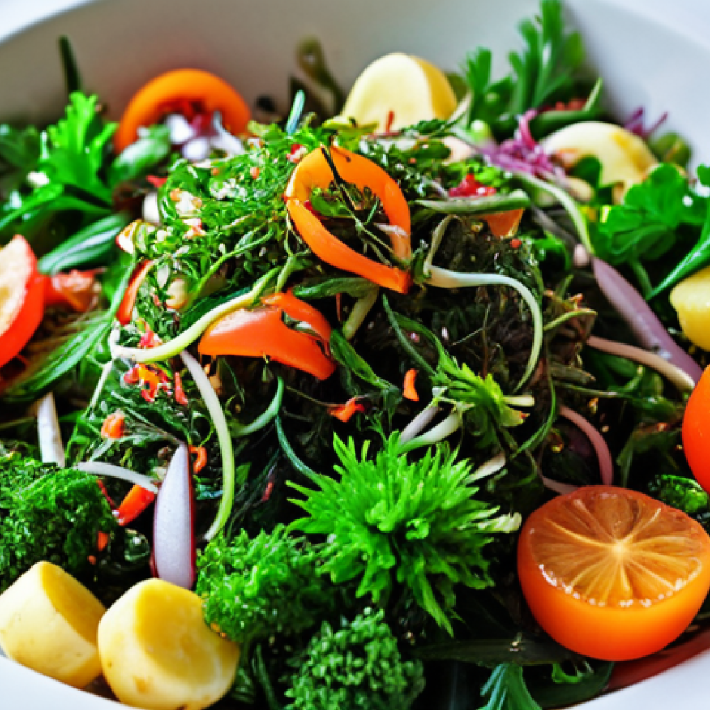 ** A vibrant and appetizing sea-weed salad, showcasing various types of sea-weed with fresh ingredients. Close-up shot, emphasizing the texture and colors, with a focus on healthy eating and alternative food sources.

**