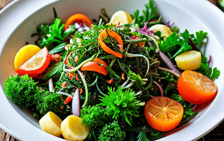 ** A vibrant and appetizing sea-weed salad, showcasing various types of sea-weed with fresh ingredients. Close-up shot, emphasizing the texture and colors, with a focus on healthy eating and alternative food sources.

**
