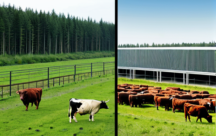 환경친화적인 대체육 생산 - Environmental Impact**
"A visual comparison of traditional cattle farming vs. alternative meat prod...
