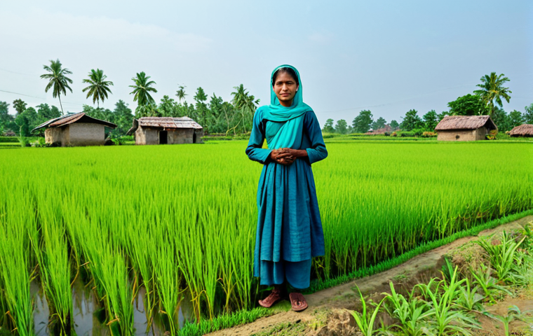 식량 안보와 국제 정책 - **
A rural Bangladeshi farmer, fully clothed in modest traditional attire, standing proudly in a ri...