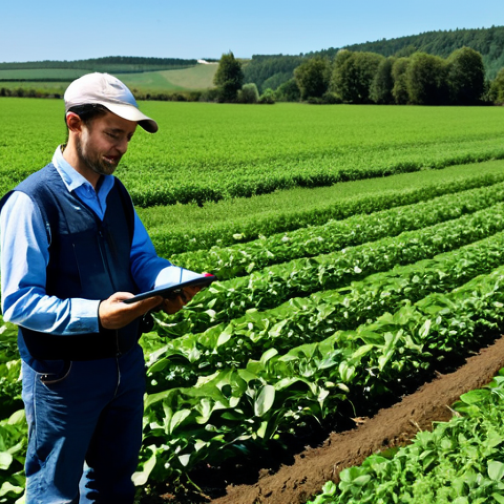 미래의 농업 환경과 기술 - Smart Farming in Action**
A farmer, fully clothed in modest farming attire, using a tablet in a lus...