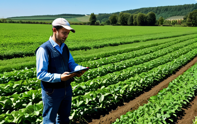 미래의 농업 환경과 기술 - Smart Farming in Action**
A farmer, fully clothed in modest farming attire, using a tablet in a lus...