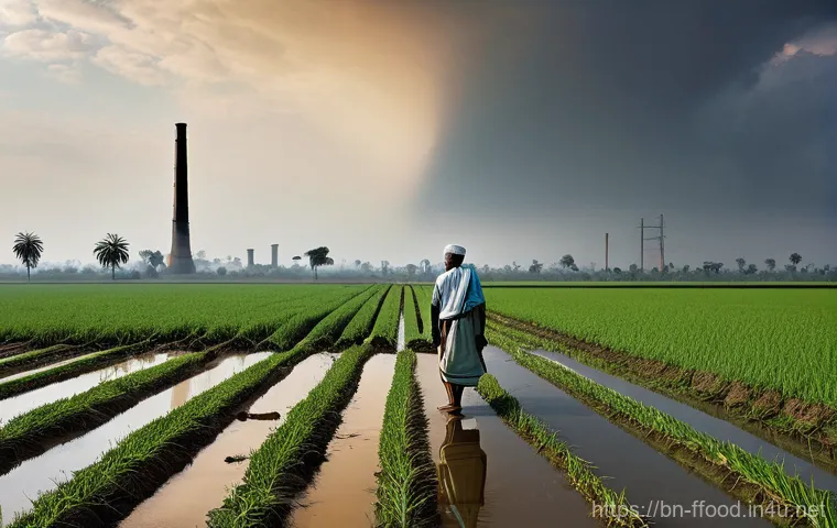 기후변화와 식량 위기 - **Prompt:** "A realistic and poignant image depicting the severe impact of climate change on a rural...