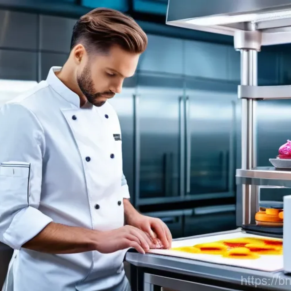 3D 프린팅을 통한 대체식품 생산 - **Prompt:** A professional chef in a pristine, futuristic kitchen, standing beside a sleek, metallic...
