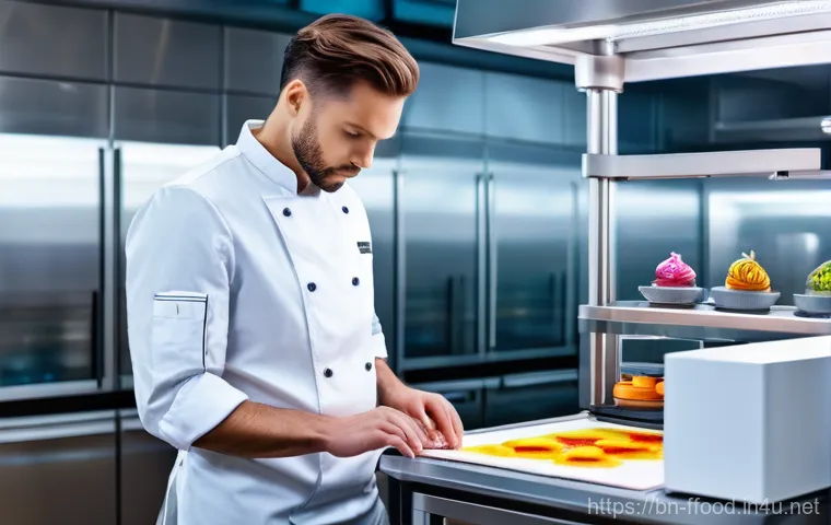 3D 프린팅을 통한 대체식품 생산 - **Prompt:** A professional chef in a pristine, futuristic kitchen, standing beside a sleek, metallic...