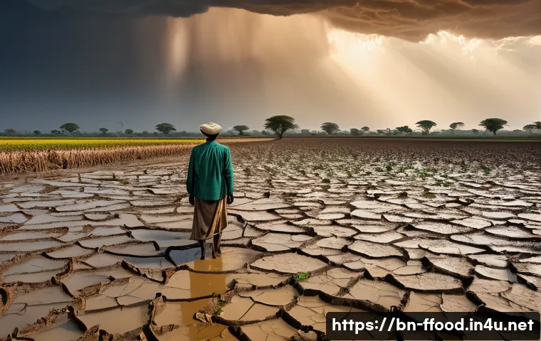 식량 안보의 글로벌 위기 대응 전략 - **Prompt for Climate Change Impact on Agriculture:**
    "A visually striking landscape depicting th...