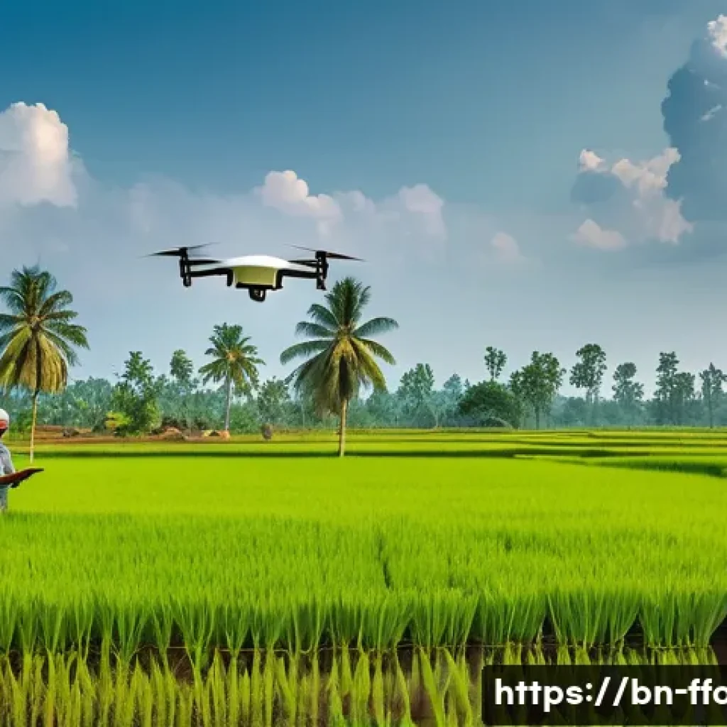글로벌 식량 정책 분석 - A detailed agricultural landscape in Bangladesh showing a farmer using smart farming technology: a d...