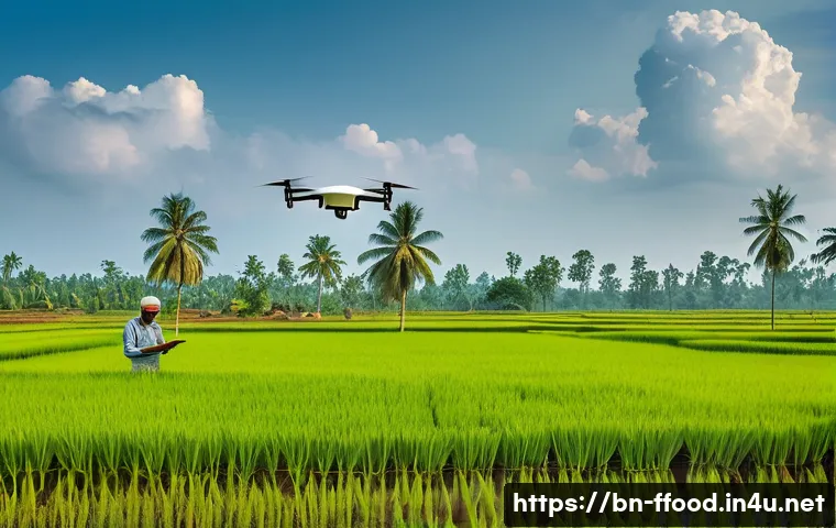 글로벌 식량 정책 분석 - A detailed agricultural landscape in Bangladesh showing a farmer using smart farming technology: a d...