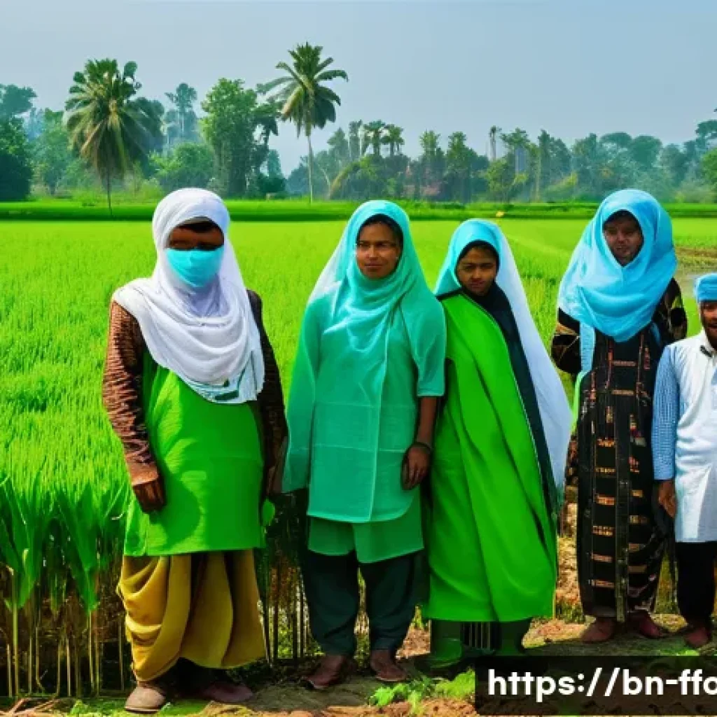 국제식량기구 FAO  정책 - A vibrant rural scene in Bangladesh showcasing a group of Bengali farmers wearing traditional clothi...