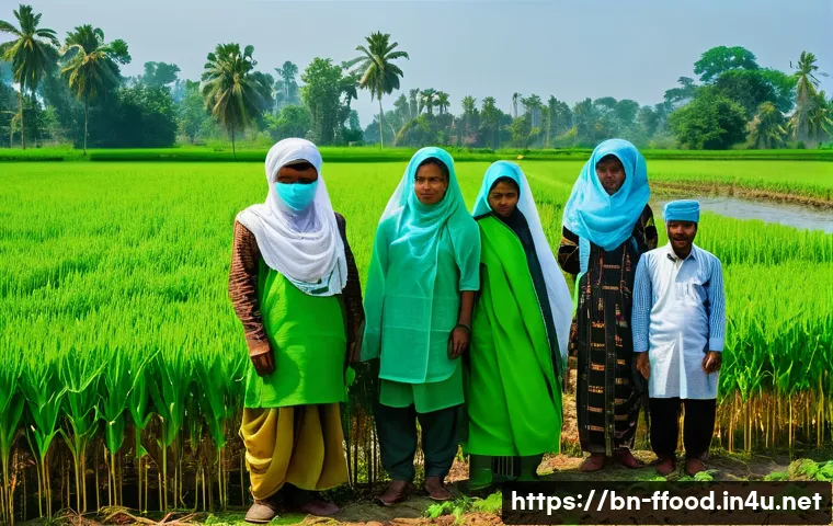 국제식량기구 FAO 정책 - A vibrant rural scene in Bangladesh showcasing a group of Bengali farmers wearing traditional clothi...