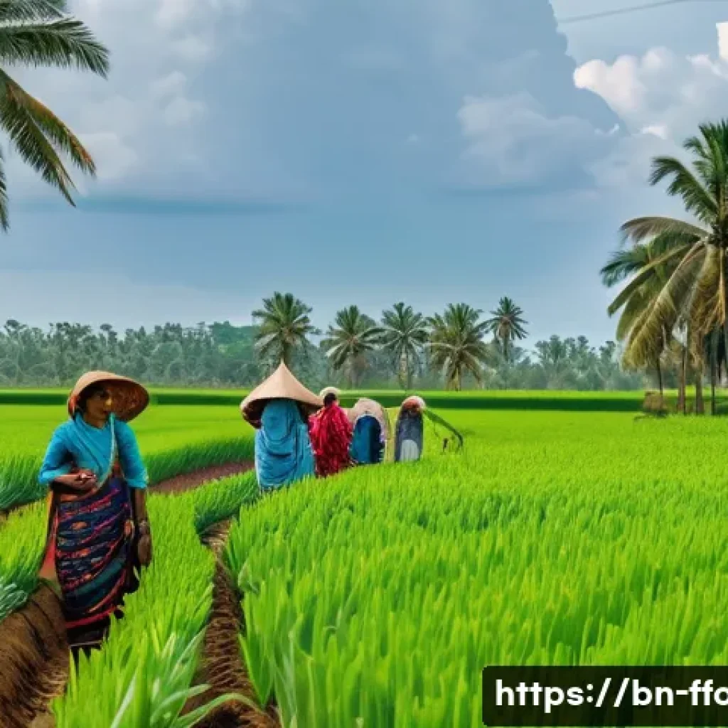 세계 식량 수요 예측 - A vibrant rural Bangladeshi farm scene showcasing farmers using advanced drip irrigation systems und...