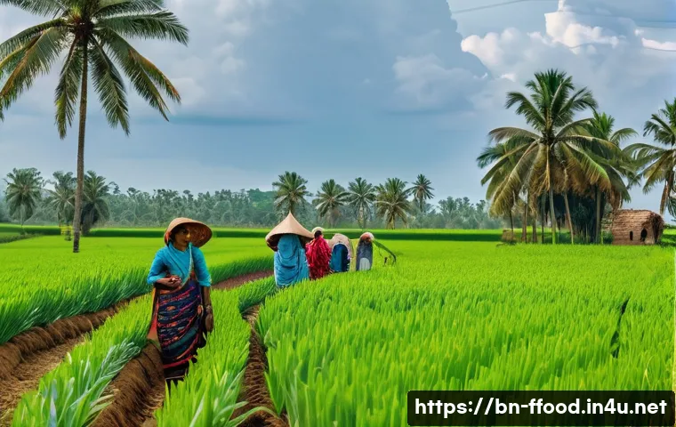 세계 식량 수요 예측 - A vibrant rural Bangladeshi farm scene showcasing farmers using advanced drip irrigation systems und...