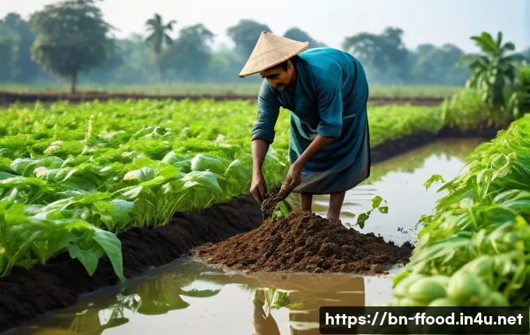 친환경 농업의 이점 - A vibrant rural Bengali farm scene showcasing organic farming practices: a farmer in traditional Ben...