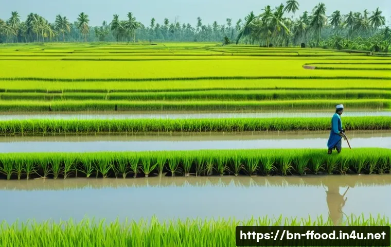 기후 변화가 작물 품질에 미치는 영향 - A detailed rural Bengali rice field scene under intense heat, showing rice plants with signs of stre...