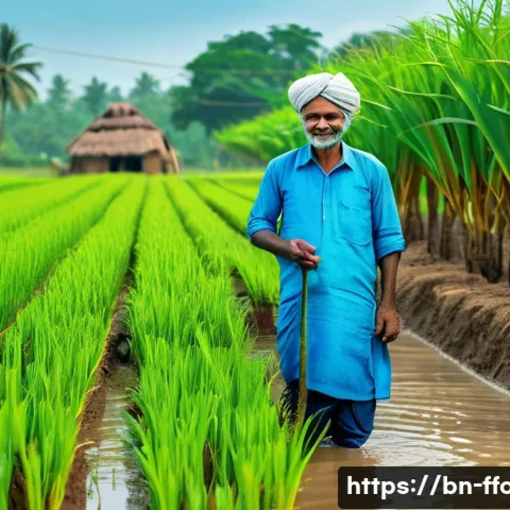 수경재배의 물 소비 절감 효과 - A detailed agricultural scene in rural Bangladesh showing a farmer using a modern drip irrigation sy...