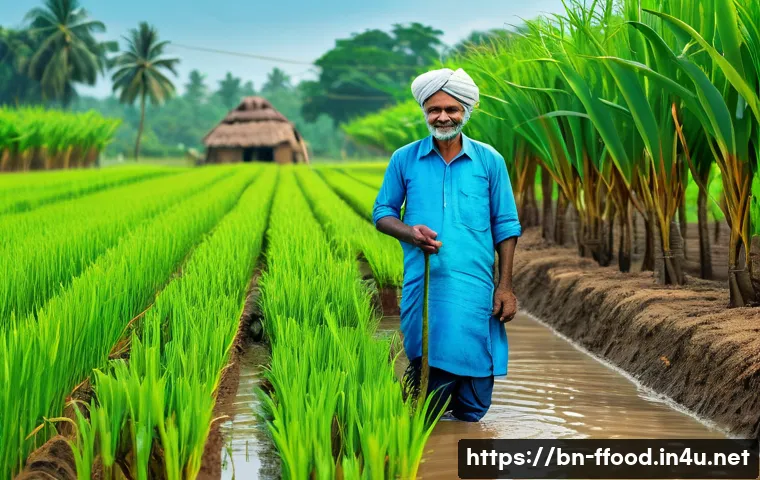 수경재배의 물 소비 절감 효과 - A detailed agricultural scene in rural Bangladesh showing a farmer using a modern drip irrigation sy...