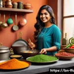 Home 22 배양육 vs 대체육 - A vibrant, detailed kitchen scene showcasing a young Bengali woman cooking with plant-based meat alt...