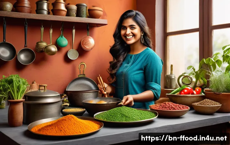 배양육 vs 대체육 - A vibrant, detailed kitchen scene showcasing a young Bengali woman cooking with plant-based meat alt...