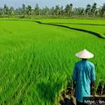 Home 21 식량 안보를 위한 글로벌 협력 - A detailed scene of a rural Bangladeshi farmer using drone technology to monitor rice paddies under ...