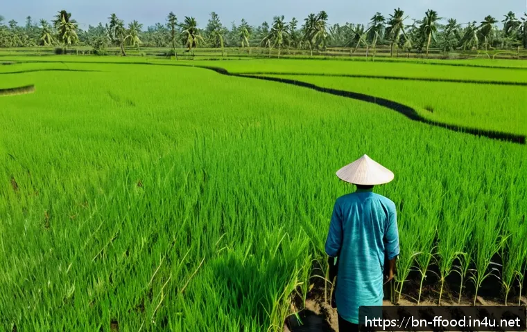 식량 안보를 위한 글로벌 협력 - A detailed scene of a rural Bangladeshi farmer using drone technology to monitor rice paddies under ...