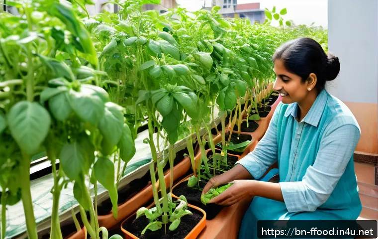 수경재배와 전통 농업의 차이 - A vibrant urban balcony garden in a Bengali household, showcasing a hydroponic system with lush gree...