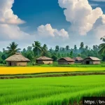Home 19 인구 증가와 식량의 글로벌 가격 - A vibrant rural Bengali village scene showing diverse agricultural fields transitioning from traditi...