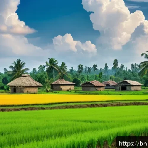 Home 31 인구 증가와 식량의 글로벌 가격 - A vibrant rural Bengali village scene showing diverse agricultural fields transitioning from traditi...