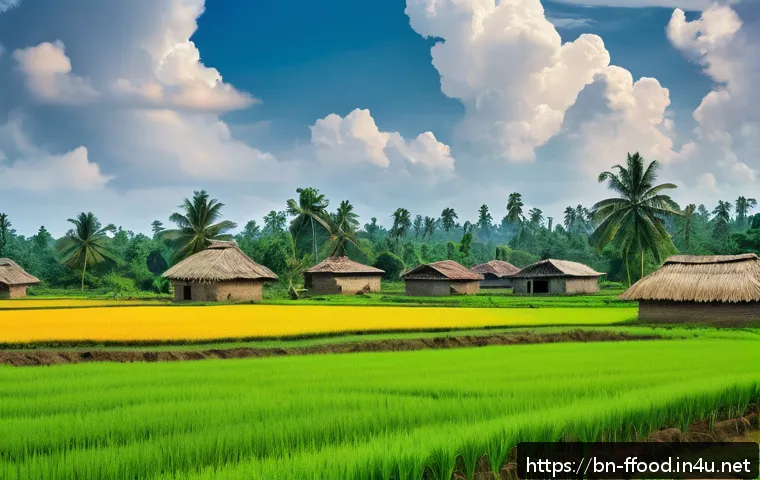 인구 증가와 식량의 글로벌 가격 - A vibrant rural Bengali village scene showing diverse agricultural fields transitioning from traditi...