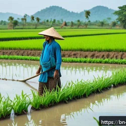 Home 30 기후 변화와 농업의 미래 - A vibrant rural Bangladeshi farm landscape during the dry season, showcasing a farmer wearing tradit...