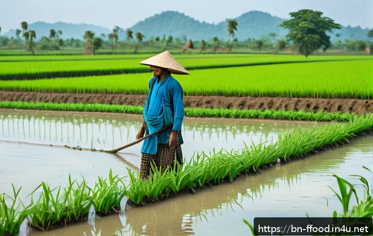 기후 변화와 농업의 미래 - A vibrant rural Bangladeshi farm landscape during the dry season, showcasing a farmer wearing tradit...