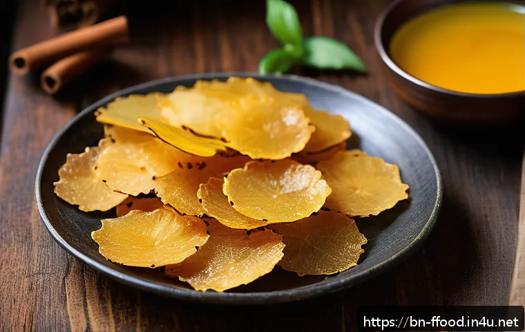 식용 곤충을 활용한 다양한 레시피 - A vibrant close-up of crispy mosquito papadums coated with a glossy mix of honey, lemon juice, and s...