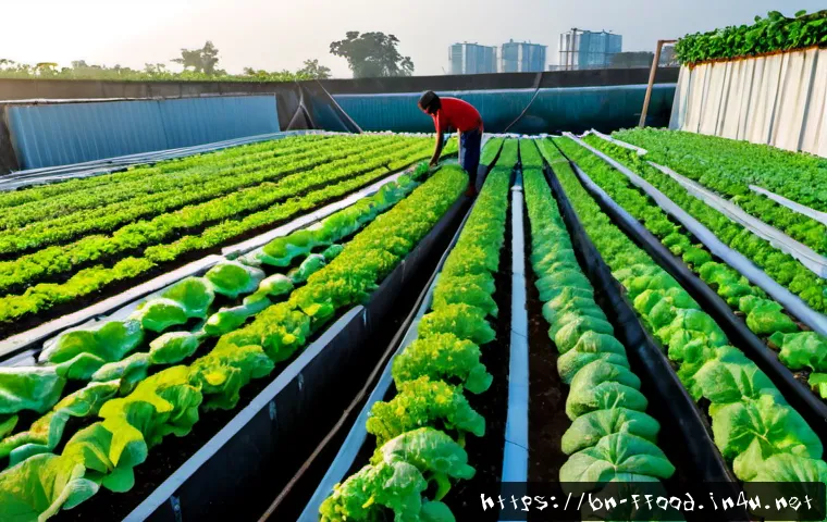 Home 21 식량 생산을 위한 혁신적인 아이디어 - Photorealistic rooftop hydroponic vegetable farm in a dense Bangladeshi city, a Bengali farmer caref...