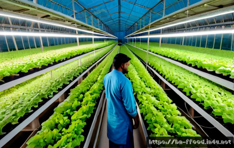 Home 15 급증하는 식량 수요를 위한 해결책 - Photorealistic aerial view of a modern vertical farm in Bangladesh, layered shelves of vibrant leafy...