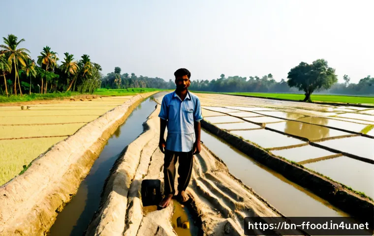 기후 변화로 인한 식량 부족 - Photorealistic wide scene of a drought-stricken rice field in rural Bangladesh, cracked dry earth an...