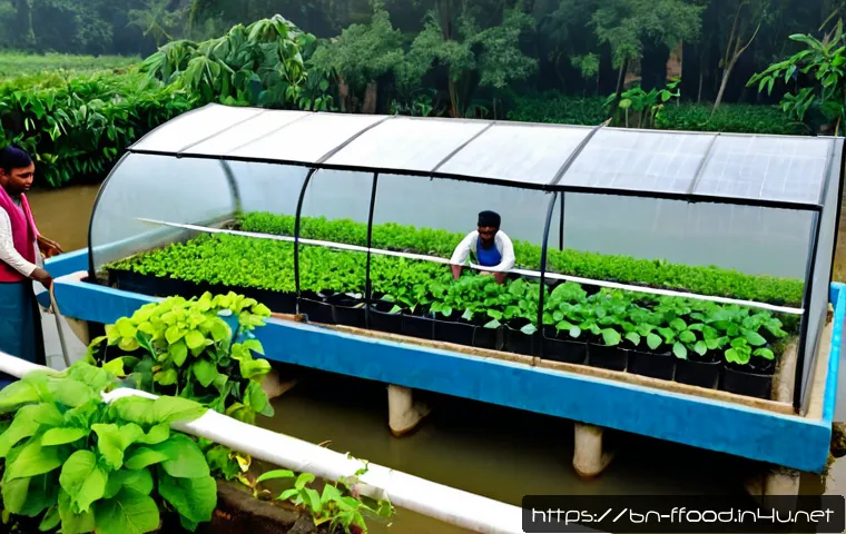 아쿠아포닉스 개념 - Photorealistic wide view of a small aquaponics greenhouse in Bangladesh, clear side-by-side system w...